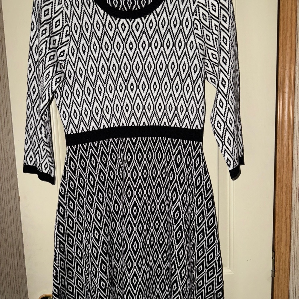 Sandra Darren Elegant Black and White Geometric Pattern  sweater Dress